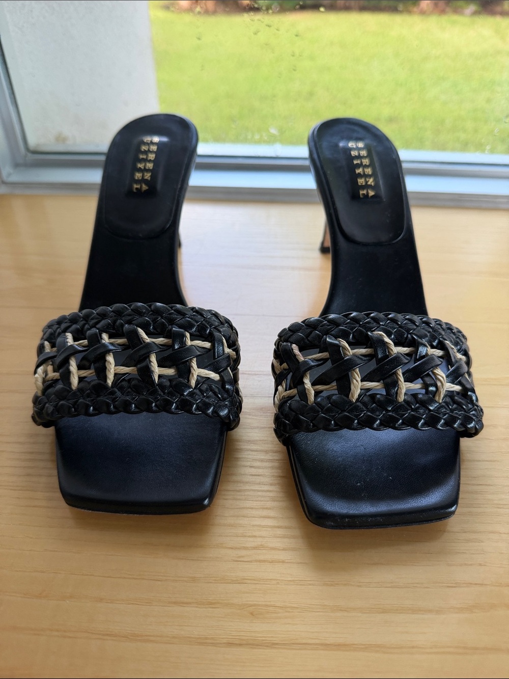 Braided Black Slide Mules with Natural Accent